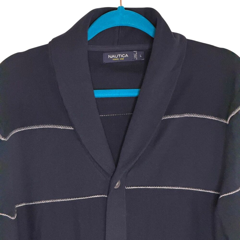 Nautica Mens Shawl Neck Cardigan Sweater Button Front Stripe Blue L bv - Picture 2 of 6